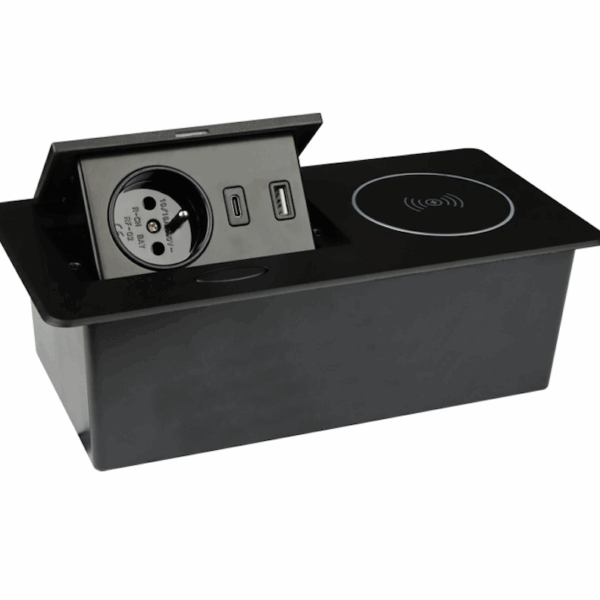 Zásuvkový modul QiPort - 1x 230V, 1x USB-C, 1x USB-A, Qi nabíjanie